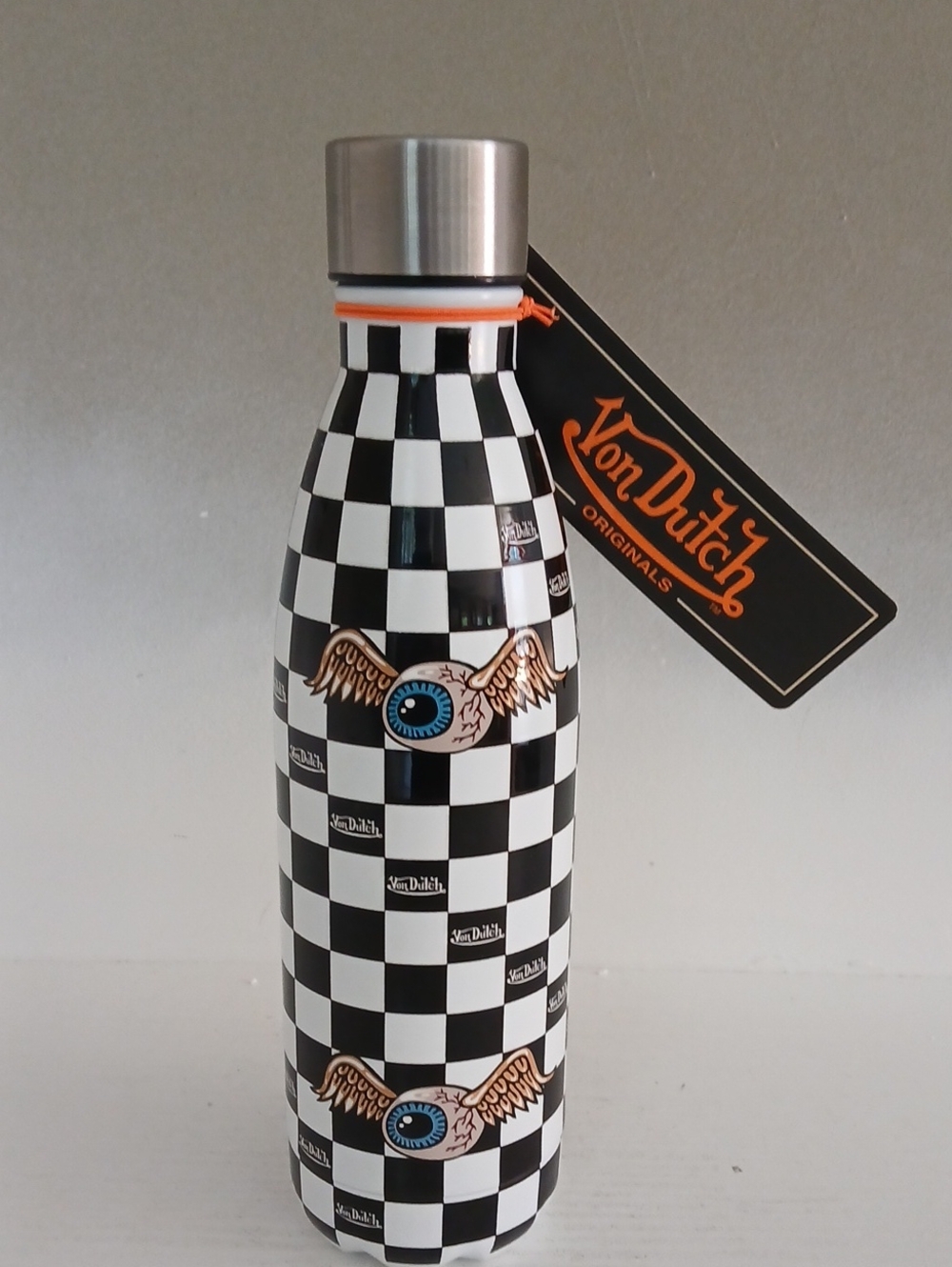 Von Dutch Black and White Checkered Insulated Bottle with Winged Eye Motif